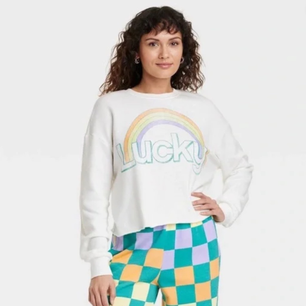 Grayson Threads Lucky Rainbow Cropped Sweatshirt XL White Fleece Pullover